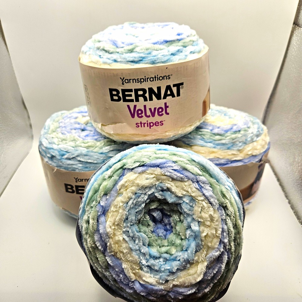 Lot of 4 - Bernat Velvet Stripes 05020 Raindrops Bulky Chenille Yarn Cakes New